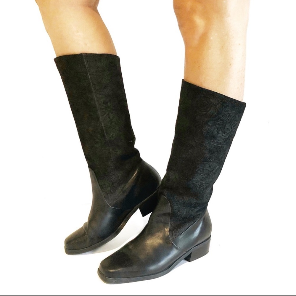 Markon Suela Genuine Leather Rose Embossed Mid-Calf Square Toe Riding Boots
